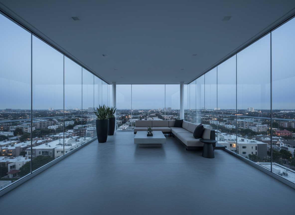 A luxurious, modern penthouse terrace with expansive floor-to-ceiling glass railings and sleek concrete flooring, perched atop a cityscape of low-rise urban buildings. The terrace is accessorized with minimalist furniture—matte black planters and weatherproof seating in soft taupe—carefully positioned for balance. Cool, diffused twilight softly illuminates the space, with glimmering city lights in the distant background creating subtle bokeh. Shot from a low, wide perspective, the photo emphasizes the grandeur and panoramic views, while maintaining sharp focus throughout. The mood is sophisticated, tranquil, and exclusive, with a clean, structured composition that highlights the upscale nature of the property. The overall artistic style aligns with a high-end, professional real estate aesthetic with neutral undertones.